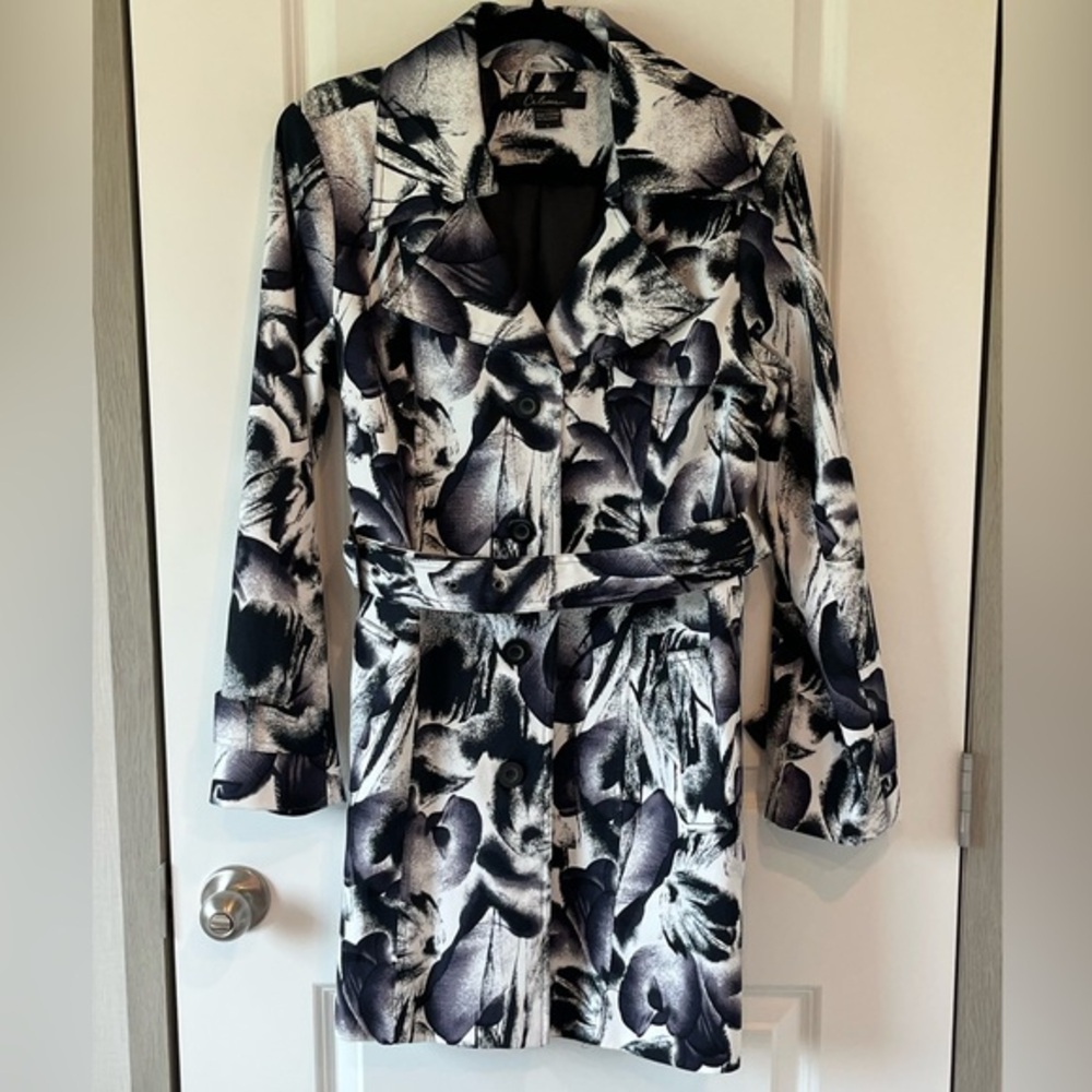 Calessa Women's Large Floral Black White Trench Coat Long Jacket